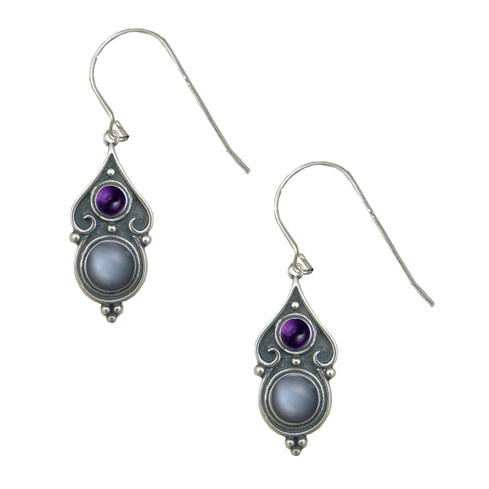 Sterling Silver Designer Post Stud Earrings With Grey Moonstone And Amethyst